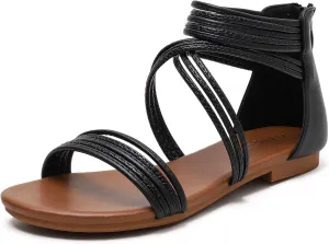 YEOJOU Gladiator Sandals for Women Strappy Leather Flat Sandals Open Toe Ankle Strap Back Zipper Comfortable Dressy Summer Shoes