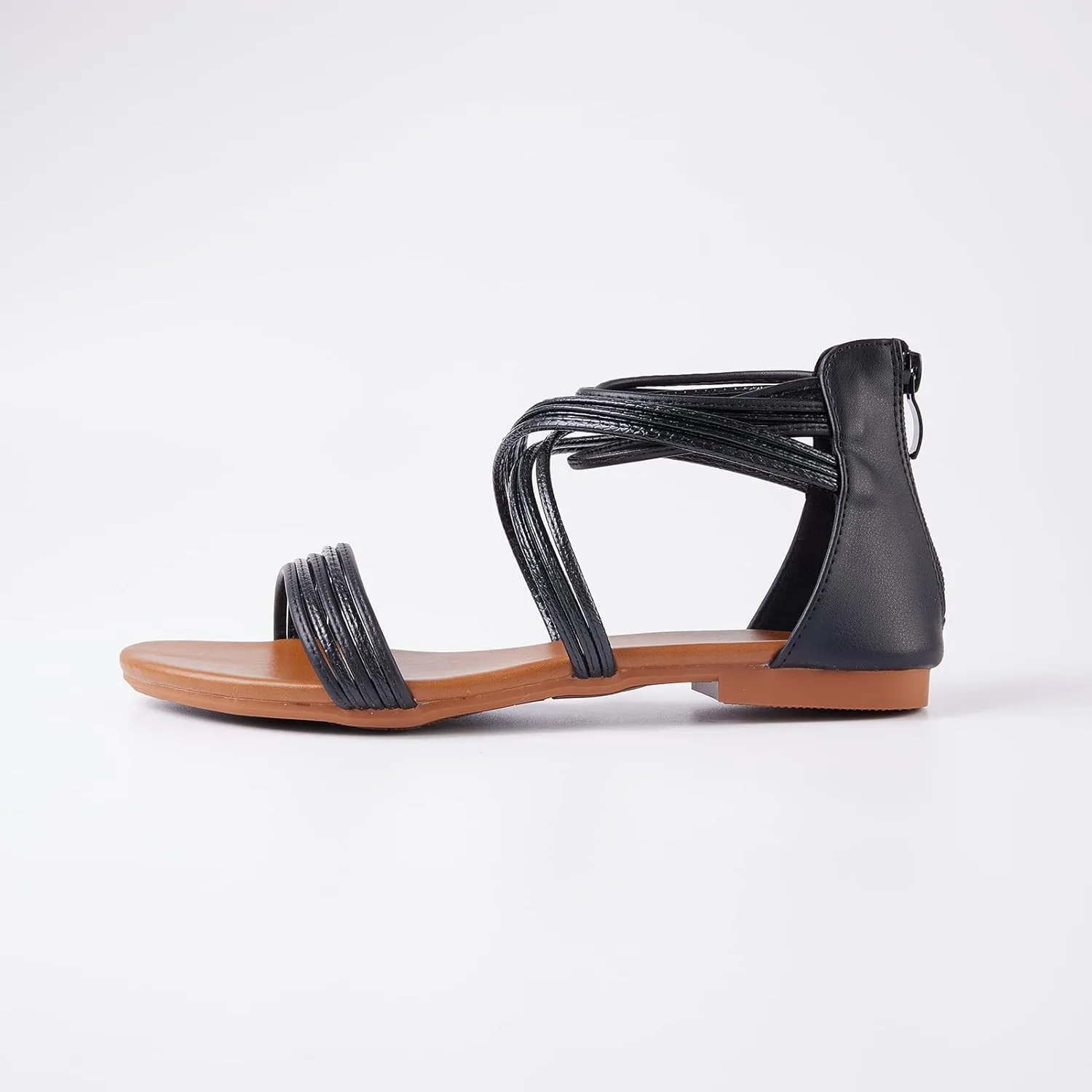 YEOJOU Gladiator Sandals for Women Strappy Leather Flat Sandals Open Toe Ankle Strap Back Zipper Comfortable Dressy Summer Shoes
