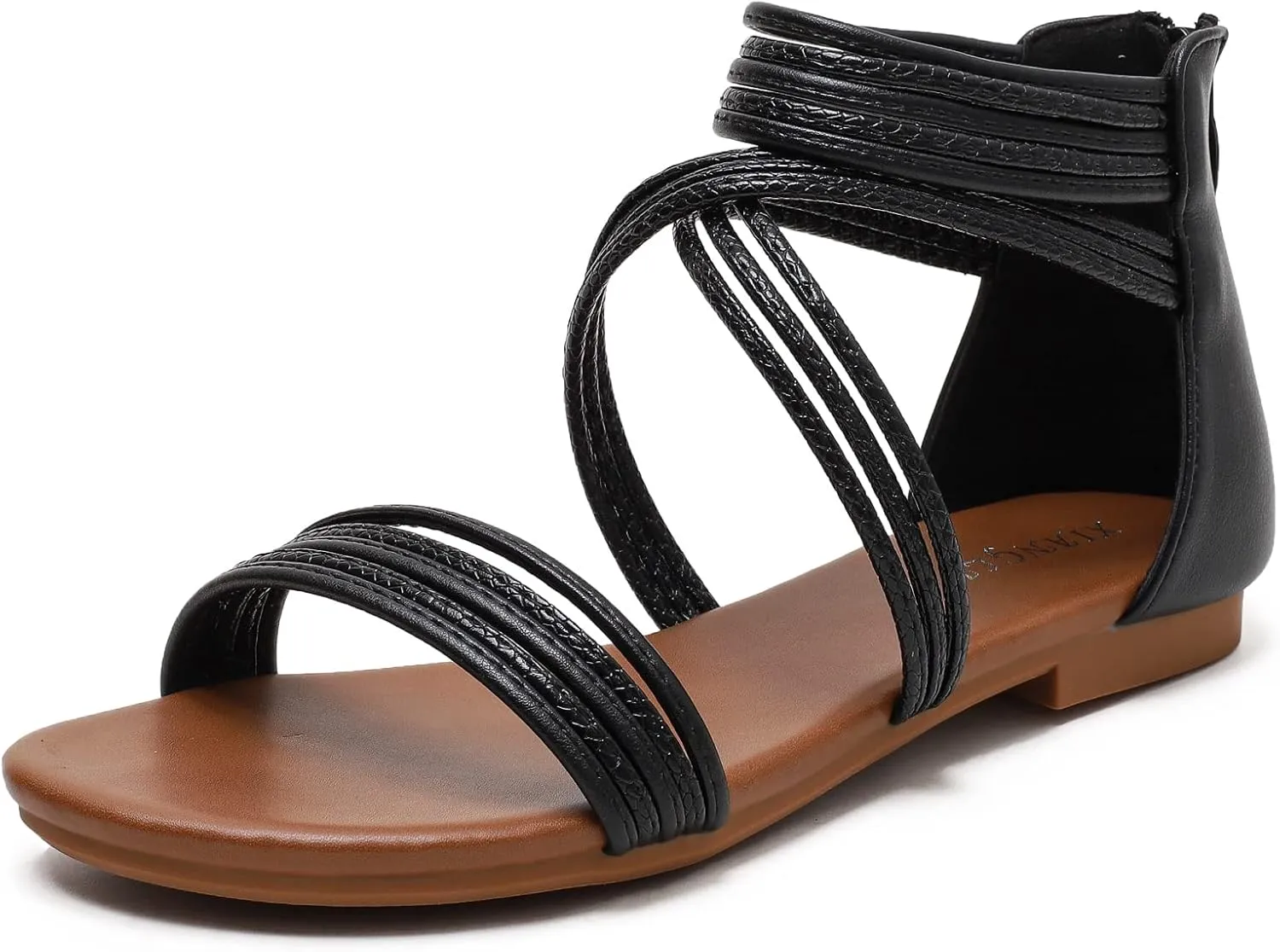 YEOJOU Gladiator Sandals for Women Strappy Leather Flat Sandals Open Toe Ankle Strap Back Zipper Comfortable Dressy Summer Shoes