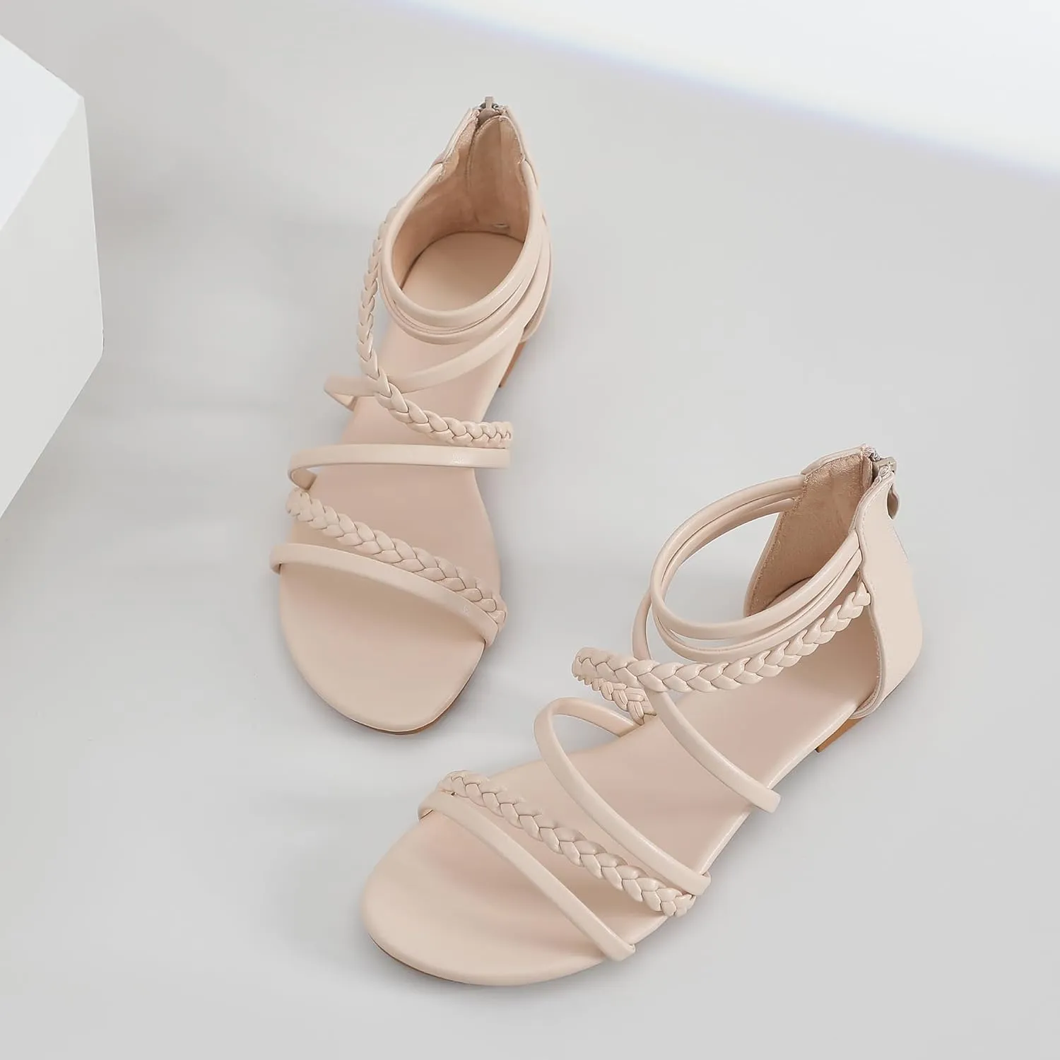 youngshow Braided Strappy Sandals for Women Open Toe Dressy Summer Flat Sandals with Zip Closure