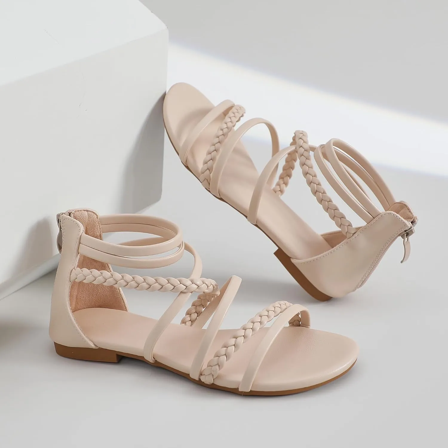 youngshow Braided Strappy Sandals for Women Open Toe Dressy Summer Flat Sandals with Zip Closure