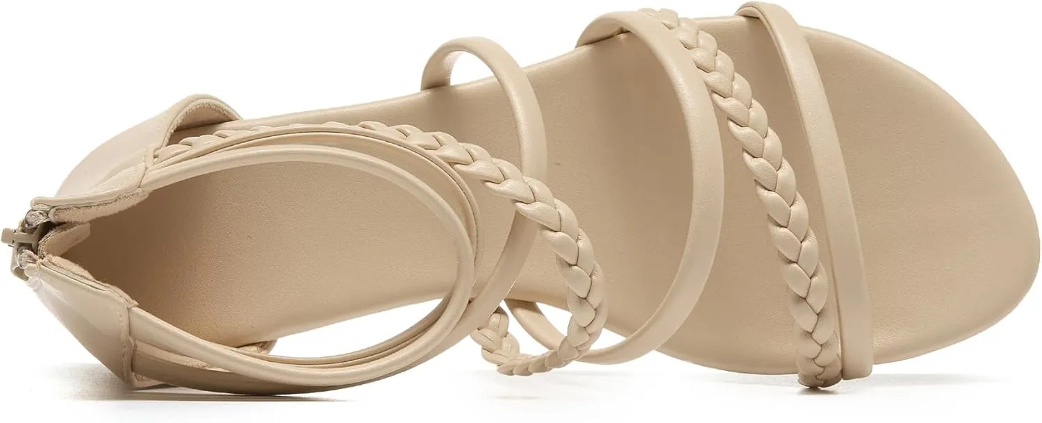 youngshow Braided Strappy Sandals for Women Open Toe Dressy Summer Flat Sandals with Zip Closure