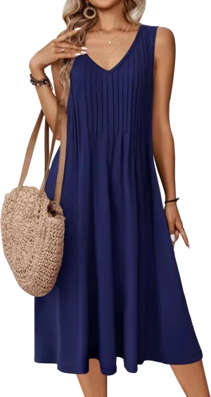Zeagoo Women Summer Casual Dress 2025 Sleeveless Midi Swing Tank Sundress with Pockets V Neck A Line Pleated Tshirt Dress