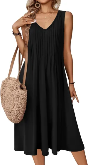 Zeagoo Women Summer Casual Dress 2025 Sleeveless Midi Swing Tank Sundress with Pockets V Neck A Line Pleated Tshirt Dress