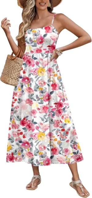 Zeagoo Women's Summer Casual Boho Sundress Spaghetti Strap Square Neck Flowy Midi Dresses A Line Beach Dress with Pockets