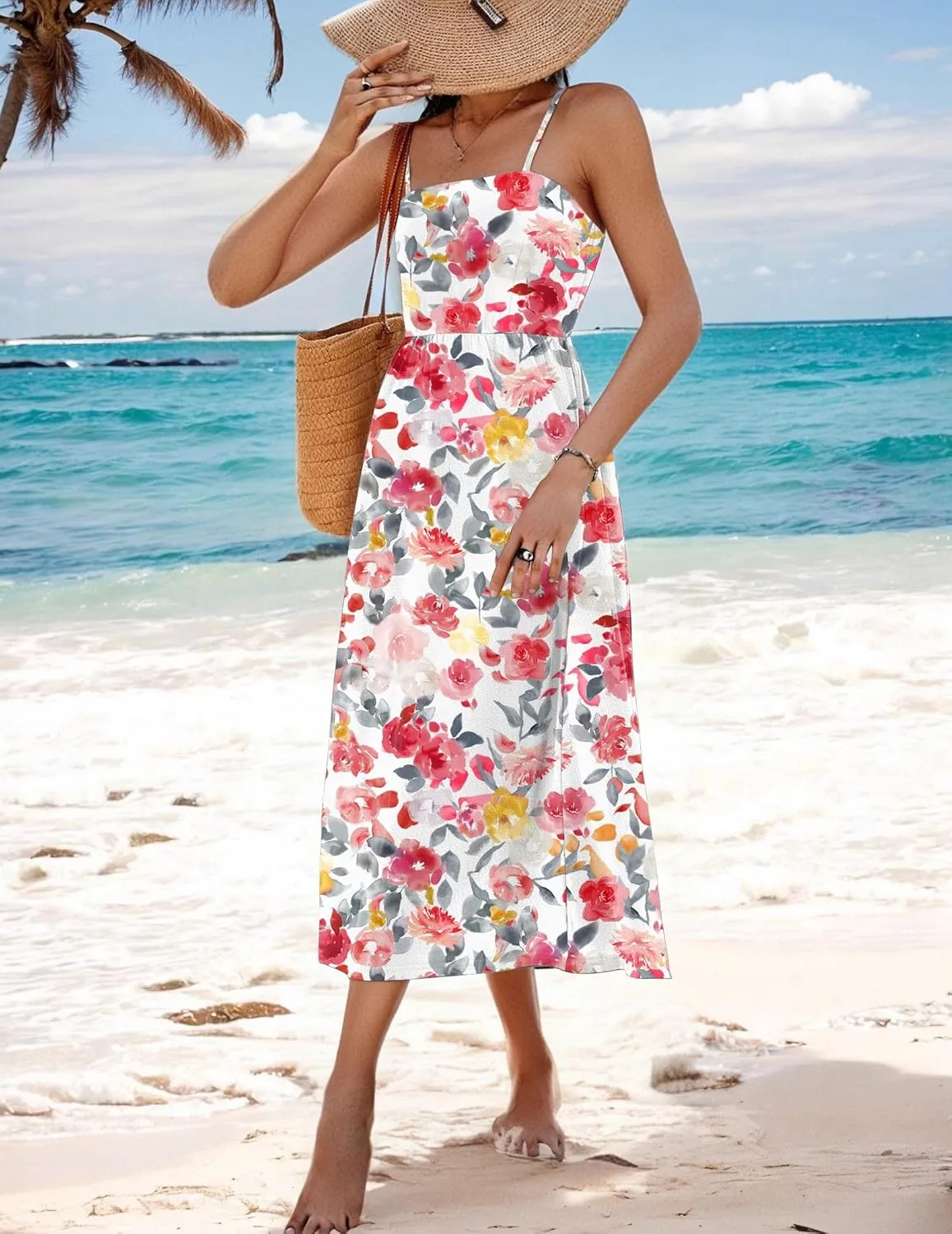 Zeagoo Women's Summer Casual Boho Sundress Spaghetti Strap Square Neck Flowy Midi Dresses A Line Beach Dress with Pockets