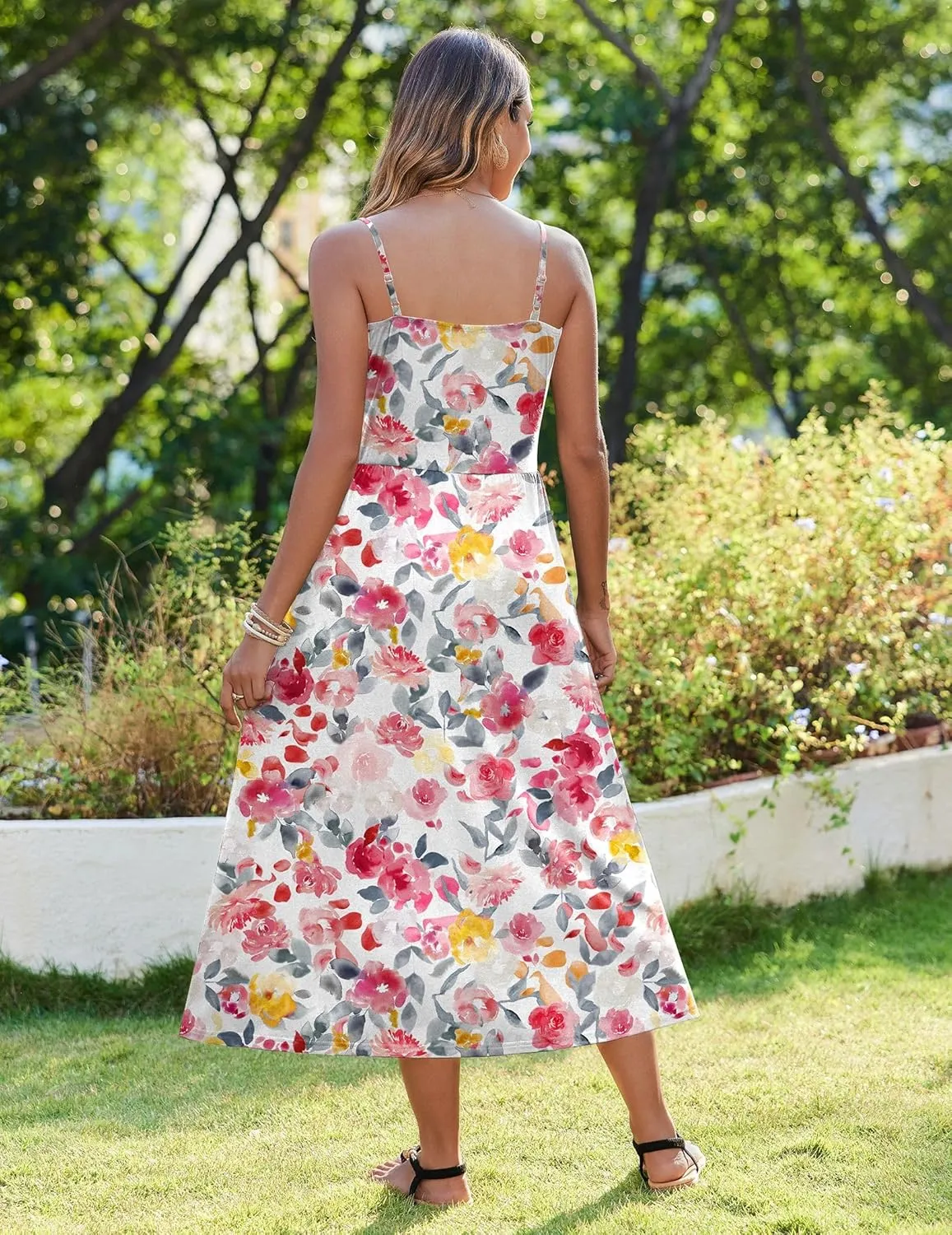 Zeagoo Women's Summer Casual Boho Sundress Spaghetti Strap Square Neck Flowy Midi Dresses A Line Beach Dress with Pockets