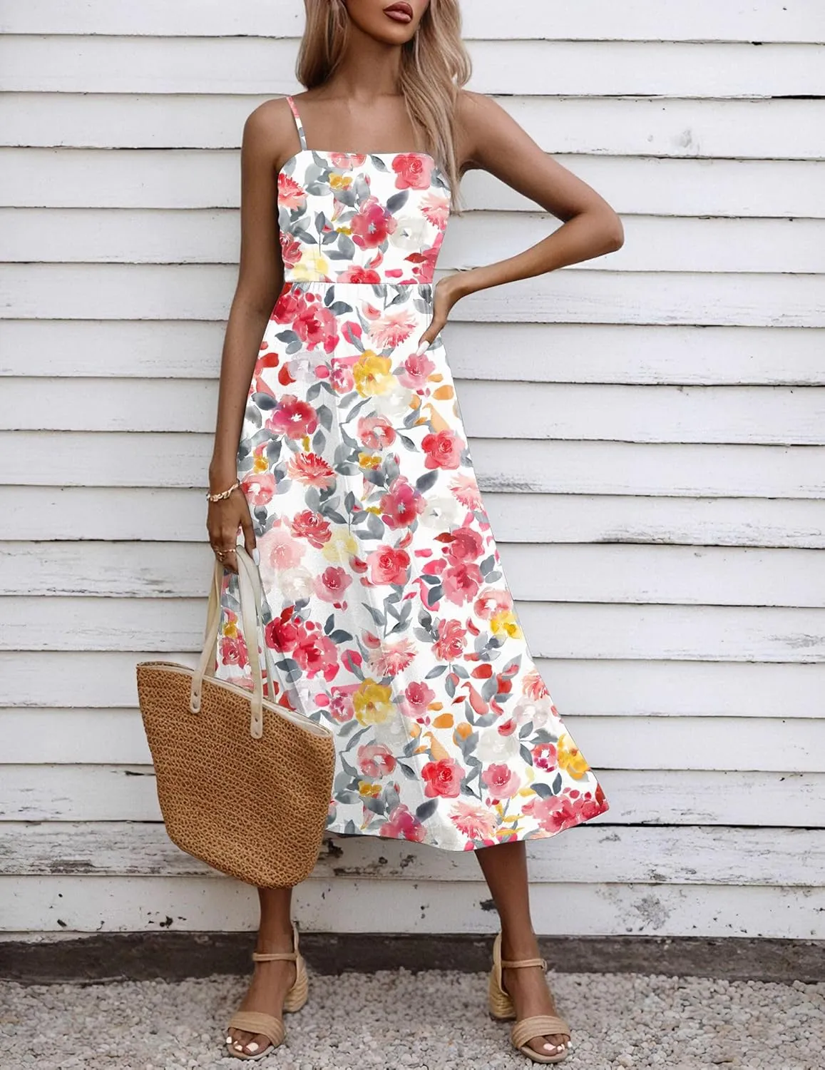 Zeagoo Women's Summer Casual Boho Sundress Spaghetti Strap Square Neck Flowy Midi Dresses A Line Beach Dress with Pockets