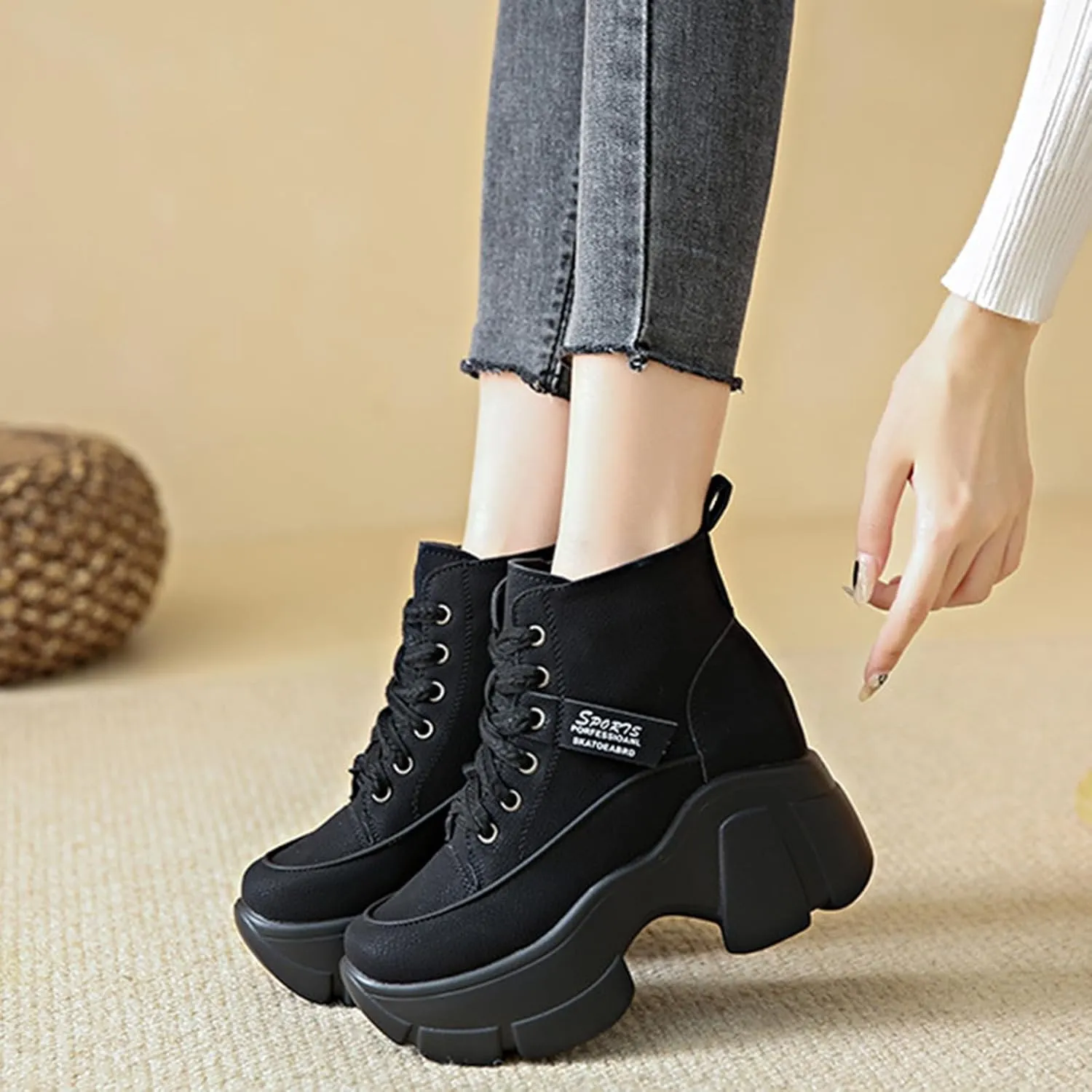 Zeberfi Women's Platform Heighten Leather Ankle Boots Retro British Style Velvet Lining Round-Toe Lace Up Casual Booties Fashion Lightweight Comfortable Mid Calf Thick Sole Combat Boot