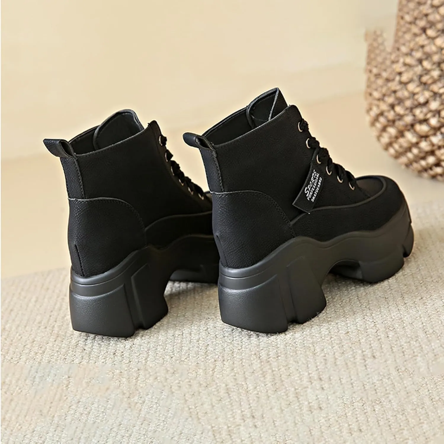 Zeberfi Women's Platform Heighten Leather Ankle Boots Retro British Style Velvet Lining Round-Toe Lace Up Casual Booties Fashion Lightweight Comfortable Mid Calf Thick Sole Combat Boot